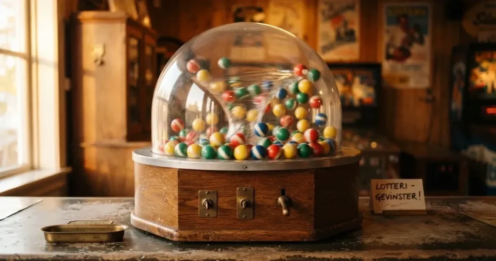 Färgglada bollar snurrar i en glaskupol i en lottomaskin, mjukt ljus speglas på kupolen — spelautomater gratis i sverige