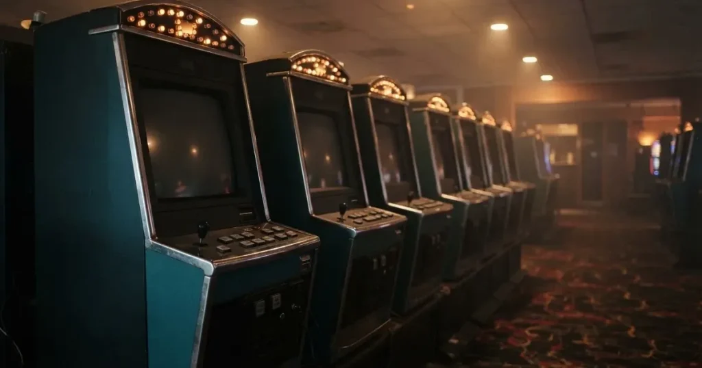 Rader av tomma spelautomater med släckta skärmar står uppställda i ett dimmat rum, fotograferat snett från sidan.