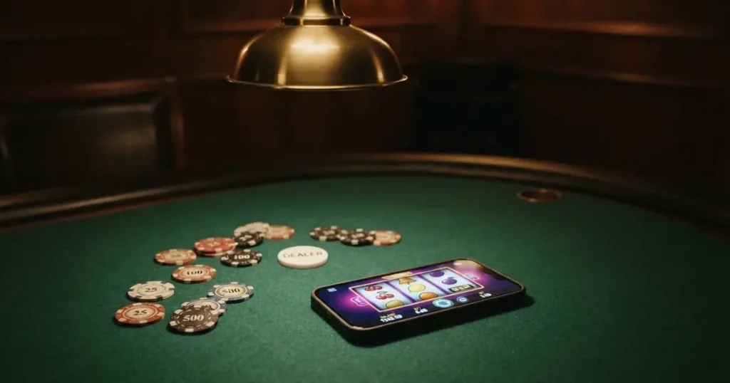 Ett ovalt pokerbord under en lågt hängande lampa, med spelmarker och en vit bricka i ljuset — spelautomater på nätet