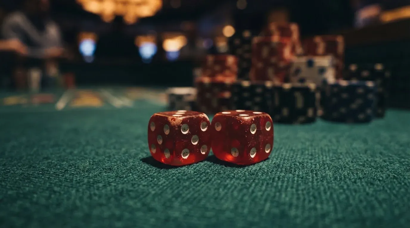 Röda tärningar vilar på grönt filt, bakom dem suddiga torn av spelmarker i kvällsdunklet — svenska casinon för high rollers