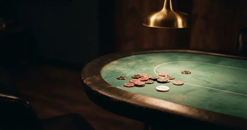 Ett ovalt pokerbord under en lågt hängande lampa, med spelmarker och en vit bricka i ljuset — svenska casinon för high rollers