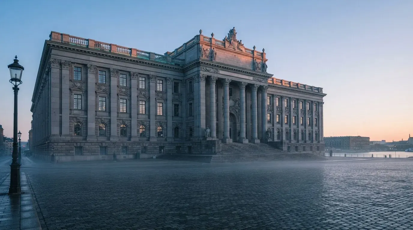 Stenfasad på en statlig byggnad i Stockholm vid gryning, höga pelare och ett tomt torg framför — svenska casinon för high rollers