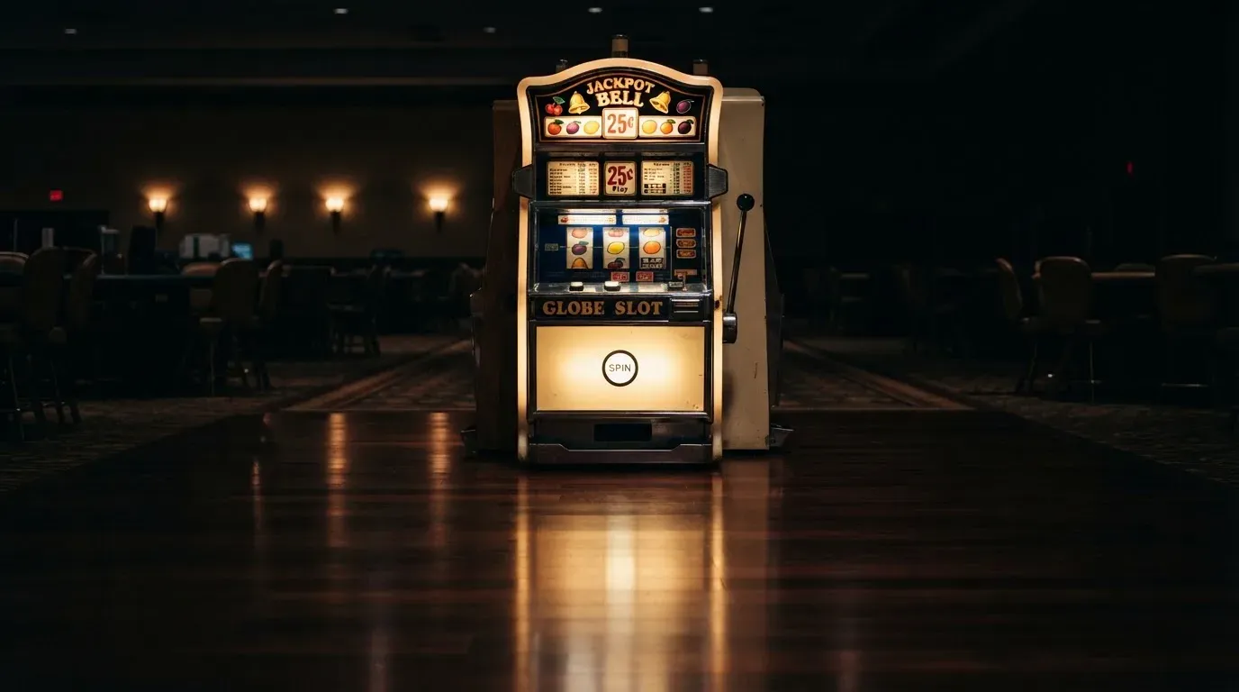 En gammal spelautomat lyser i den dunkla hallen och speglar sig i golvet — svenska casinon för storspelare