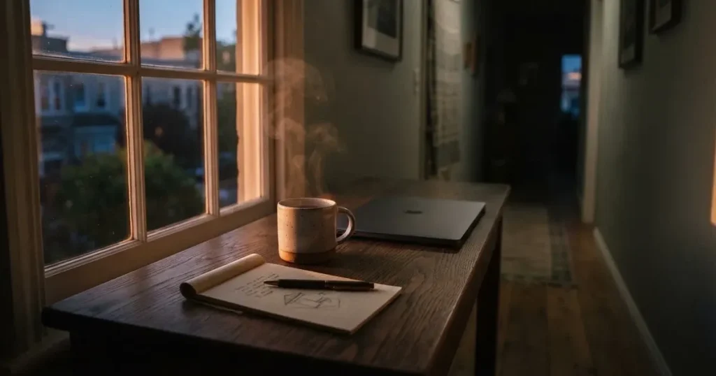 Kaffekopp och penna på ett smalt hallbord i skymning, en stängd bärbar dator vid sidan — svenska casinon med astropay