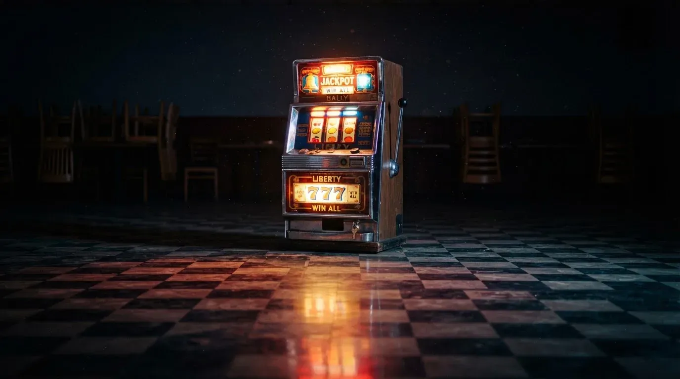 En gammal spelautomat lyser i den dunkla hallen och speglar sig i golvet — svenska casinon med banköverföring