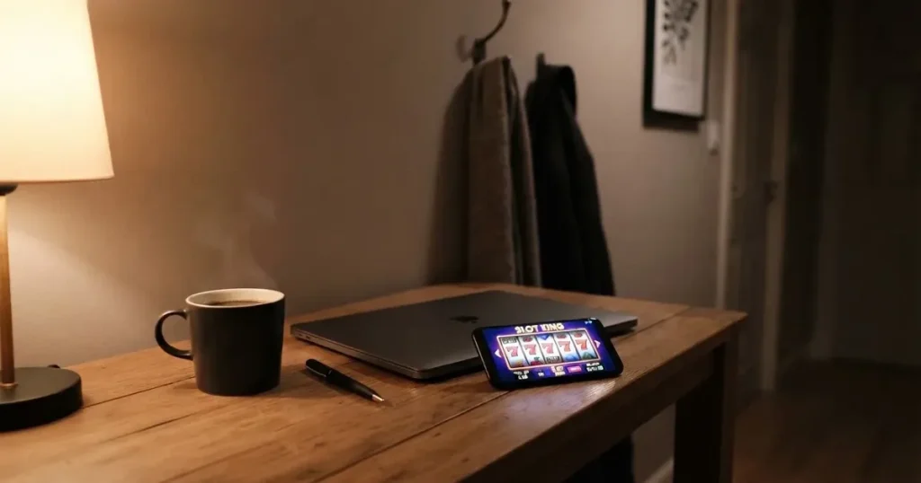 Kaffekopp och penna på ett smalt hallbord i skymning, en stängd bärbar dator vid sidan — svenska casinon med banköverföring