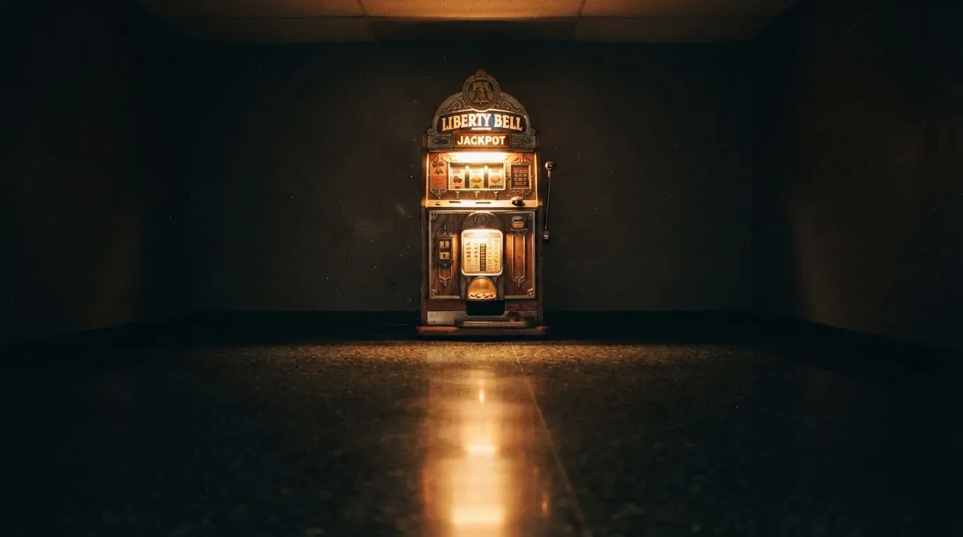 En gammal spelautomat lyser i den dunkla hallen och speglar sig i golvet — svenska casinon med bitcoin