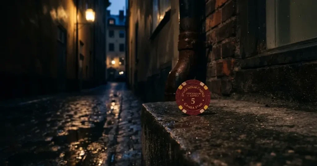 En mörk sidogränd efter regn, vått kullersten speglar ett enda gult gatlyktsljus — svenska casinon med bitcoin