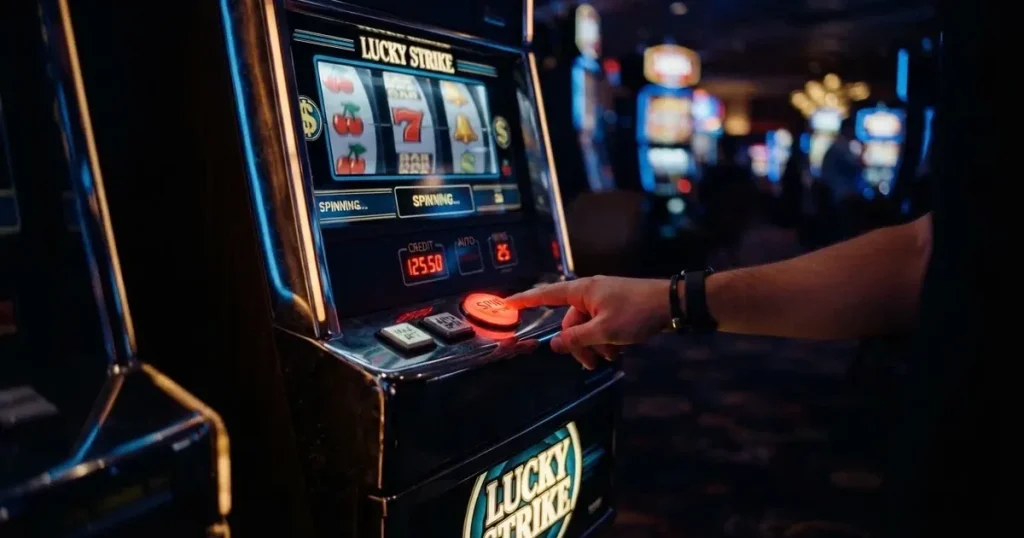 Ett finger trycker på spelautomatens klarröda knapp i dunklet, neonljus lyser runt omkring — svenska casinon med bonus