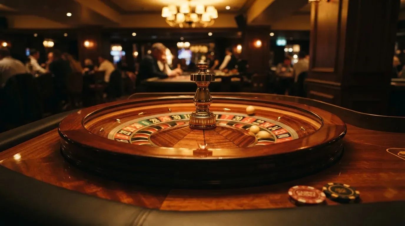 Ett roulettehjul snurrar på ett blankt träbord, den vita kulan glimmar i takljusets guld — svenska casinon med brite