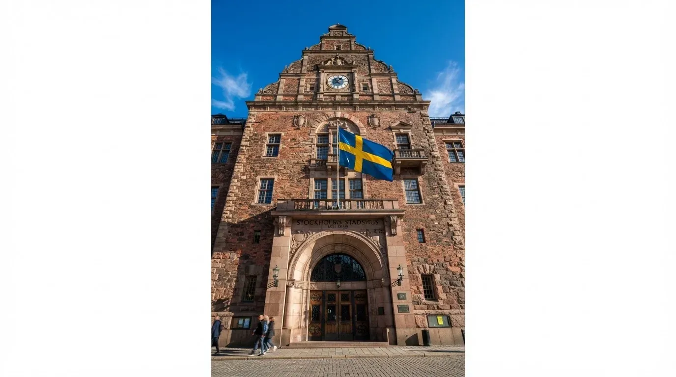 Ett gammalt stadshus i sten fotograferat underifrån mot en klarblå himmel, med den svenska flaggan som fladdrar ovanför entrén.