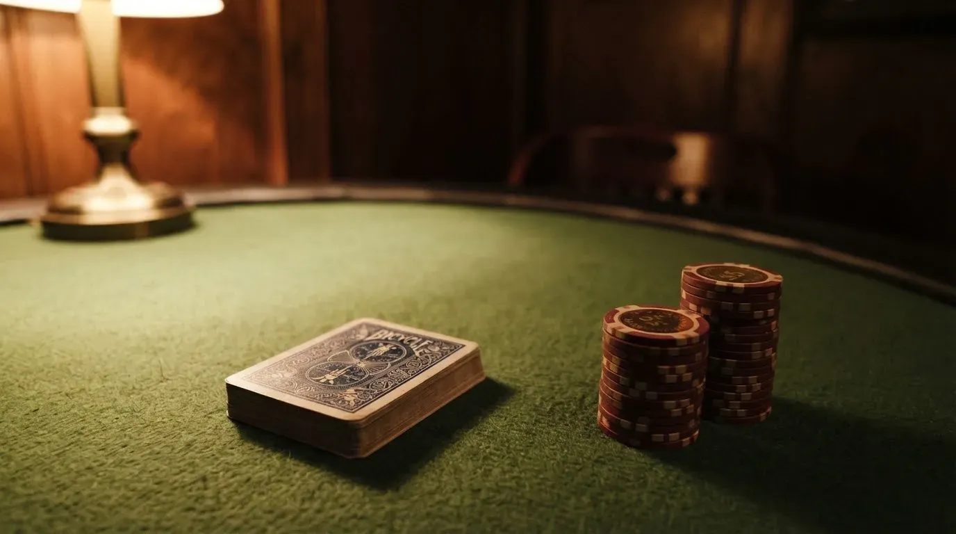 Kortlek och staplar av spelmarker på ett grönt filtbord i en dunkel salong, varmt lampsken — svenska casinon med faktura
