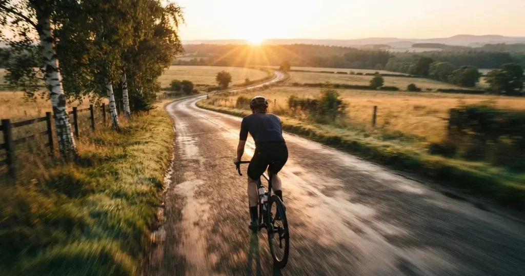 En cyklist susar längs en landsväg vid soluppgång, farten gör åkrarna suddiga i bakgrunden — svenska casinon med faktura