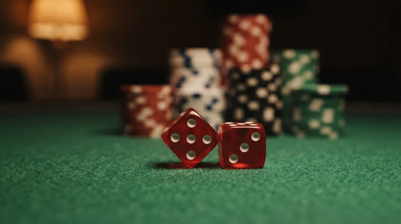 Röda tärningar vilar på grönt filt, bakom dem suddiga torn av spelmarker i kvällsdunklet — svenska casinon med google pay