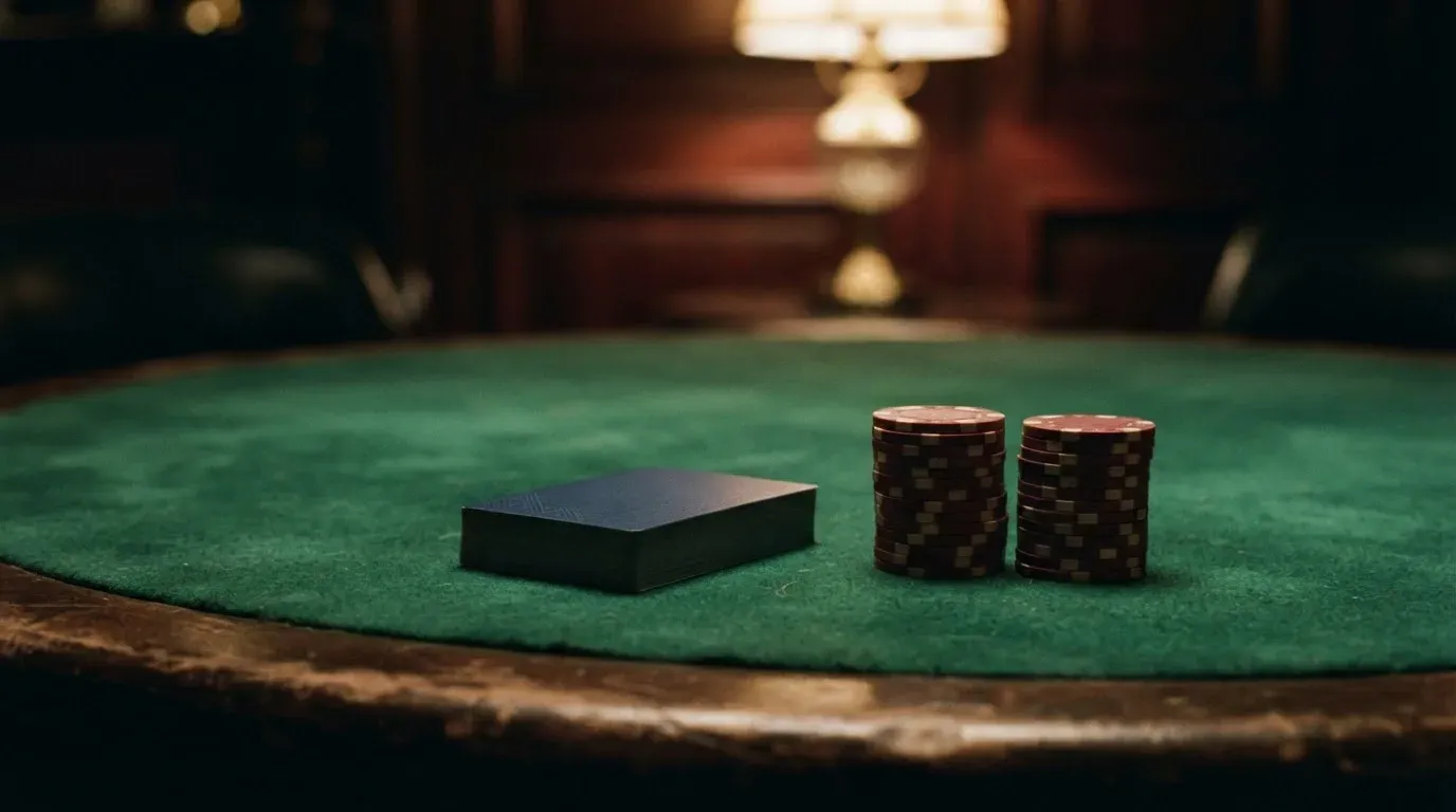Kortlek och staplar av spelmarker på ett grönt filtbord i en dunkel salong, varmt lampsken — svenska casinon med jeton
