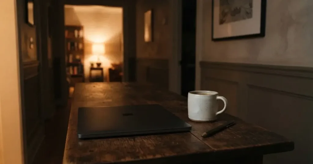 Kaffekopp och penna på ett smalt hallbord i skymning, en stängd bärbar dator vid sidan — svenska casinon med jeton