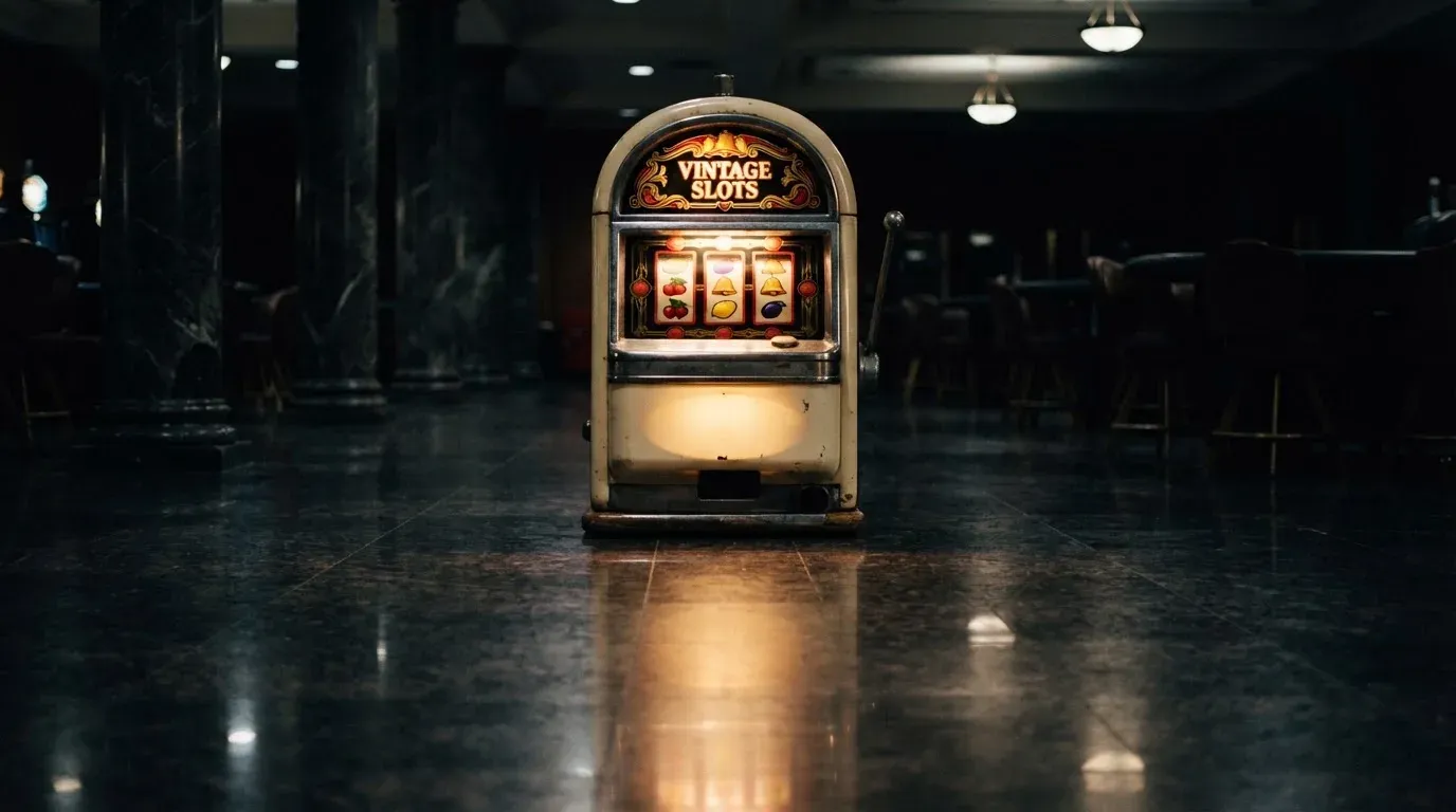 En gammal spelautomat lyser i den dunkla hallen och speglar sig i golvet — svenska casinon med keno