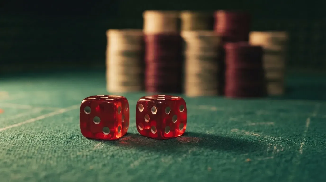 Röda tärningar vilar på grönt filt, bakom dem suddiga torn av spelmarker i kvällsdunklet — svenska casinon med klarna