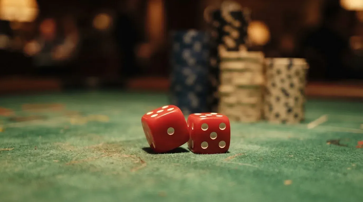 Röda tärningar vilar på grönt filt, bakom dem suddiga torn av spelmarker i kvällsdunklet — svenska casinon med litecoin