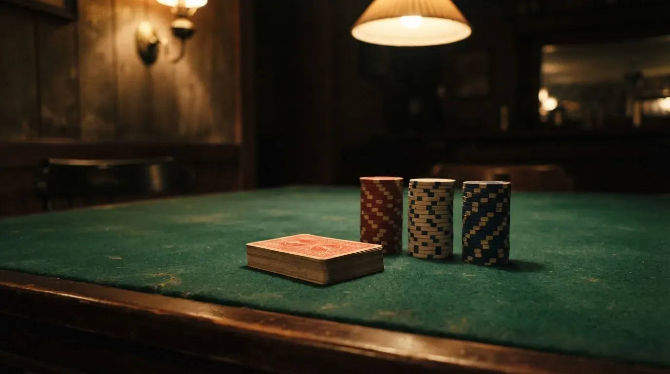 Kortlek och staplar av spelmarker på ett grönt filtbord i en dunkel salong, varmt lampsken — svenska casinon med mastercard