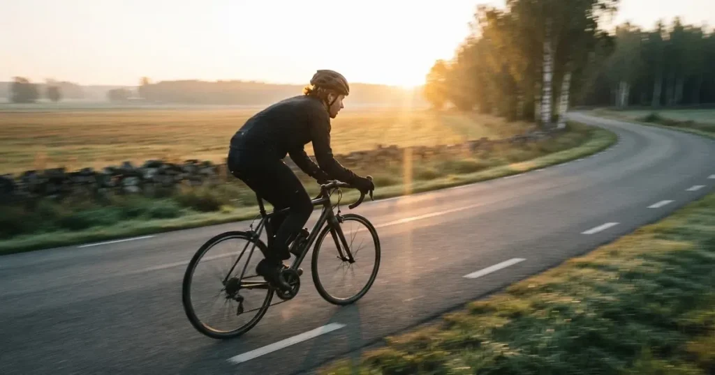 En cyklist susar längs en landsväg vid soluppgång, farten gör åkrarna suddiga i bakgrunden — svenska casinon med mastercard