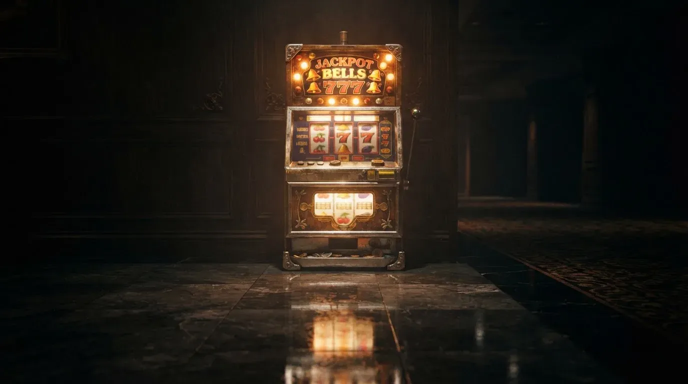 En gammal spelautomat lyser i den dunkla hallen och speglar sig i golvet — svenska casinon med mga licens