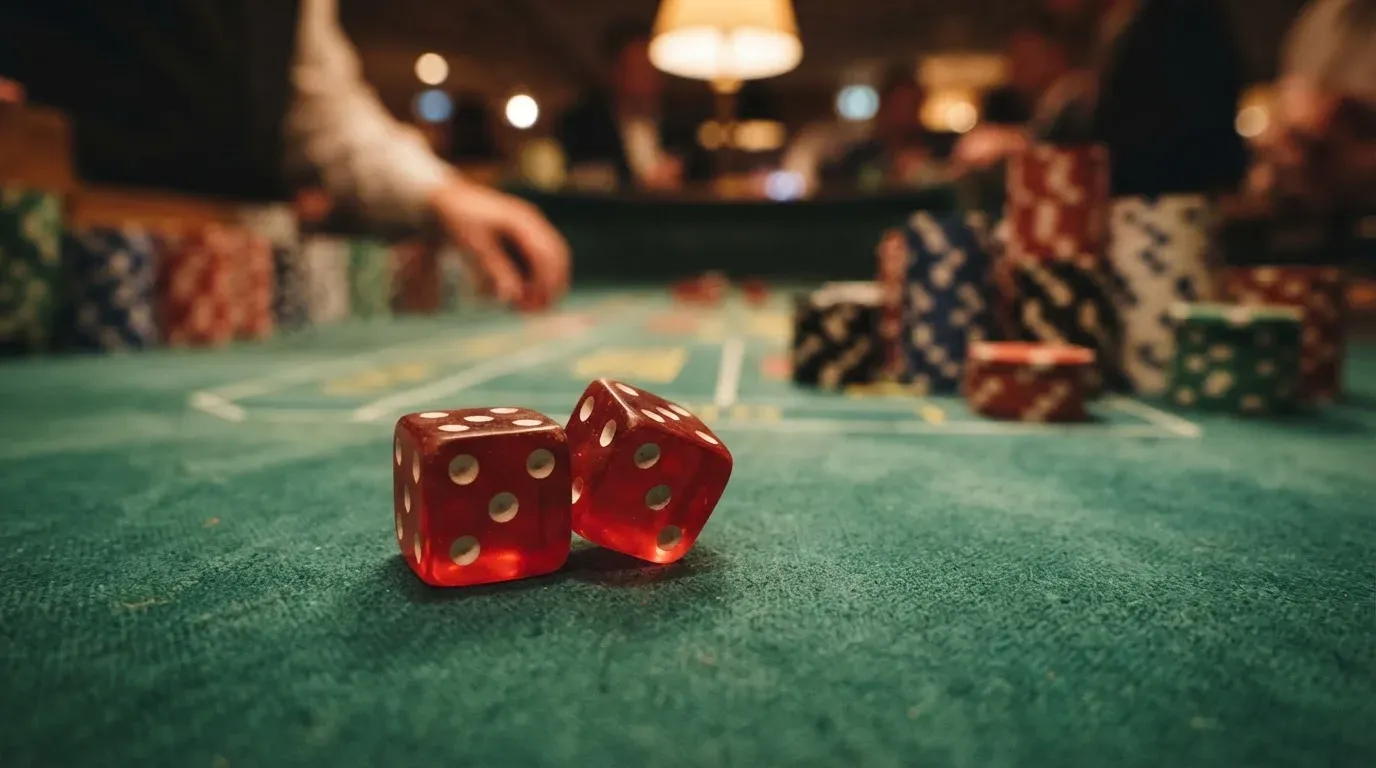 Röda tärningar vilar på grönt filt, bakom dem suddiga torn av spelmarker i kvällsdunklet — svenska casinon med neosurf