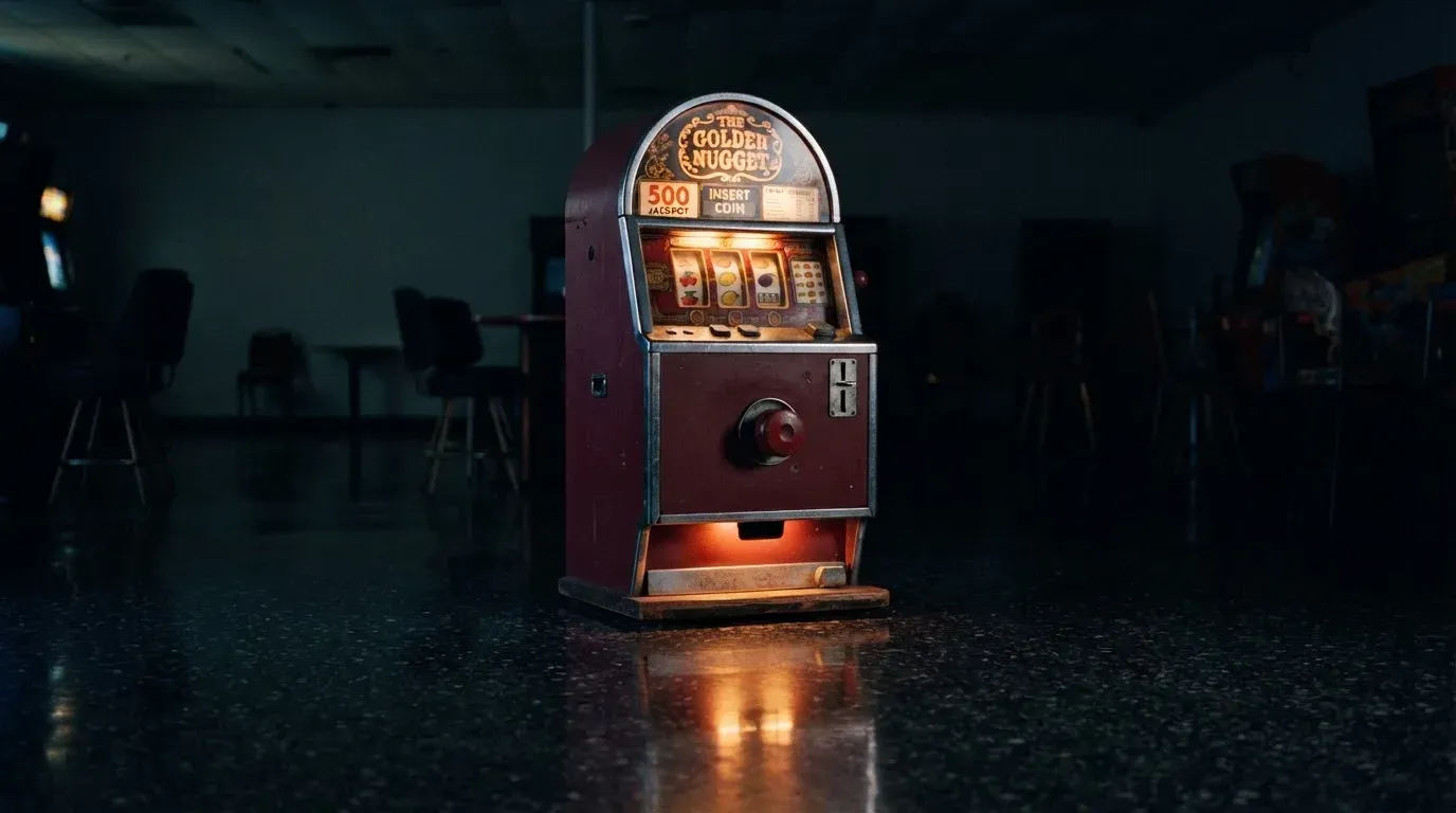 En gammal spelautomat lyser i den dunkla hallen och speglar sig i golvet — svenska casinon med neteller