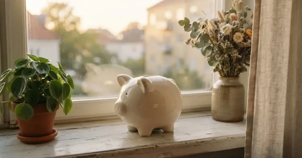 En porslinsgris på fönsterbrädan i morgonljus, bredvid en torkad blombukett och en grön växt — svenska casinon med neteller