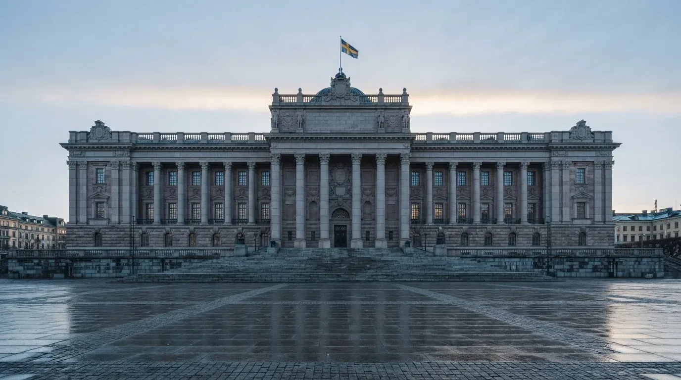 Stenfasad på en statlig byggnad i Stockholm vid gryning, höga pelare och ett tomt torg framför — svenska casinon med neteller