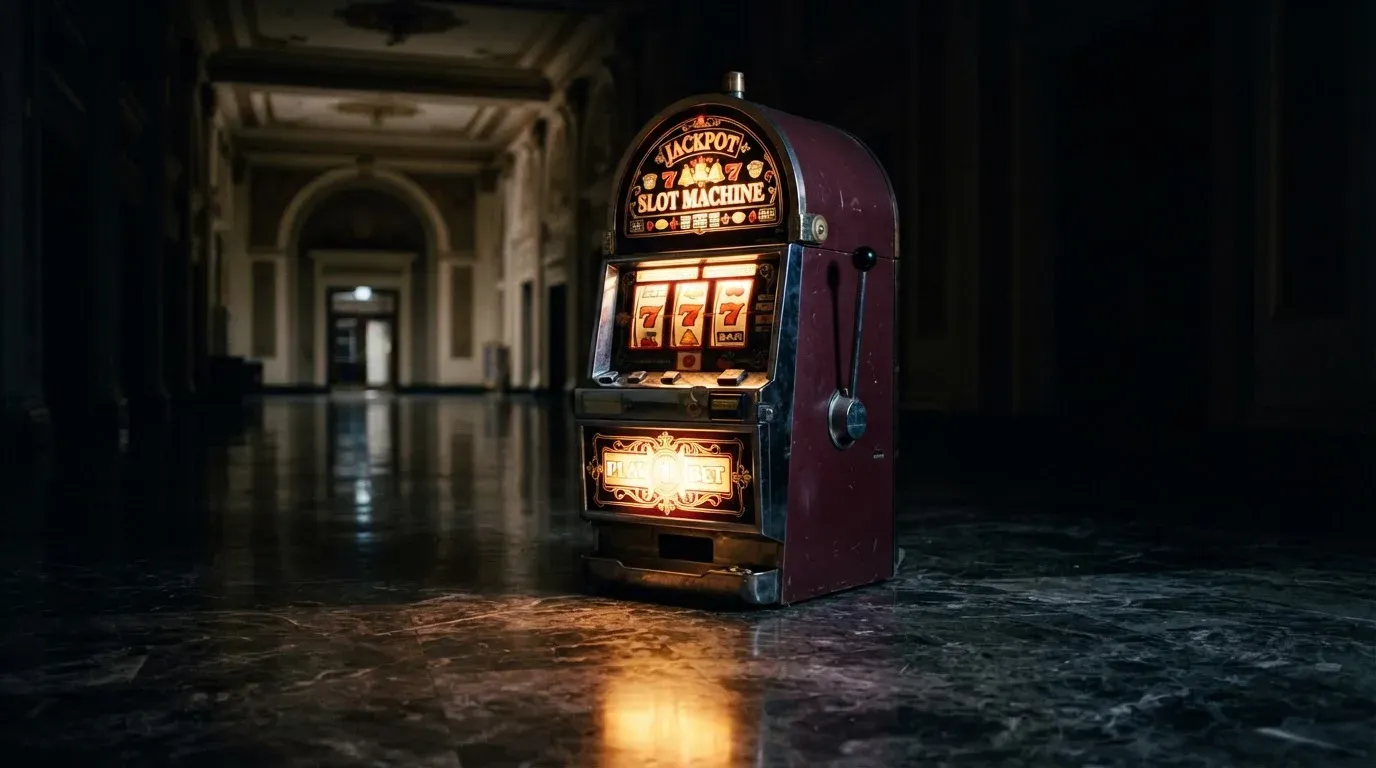En gammal spelautomat lyser i den dunkla hallen och speglar sig i golvet — svenska casinon med paypal
