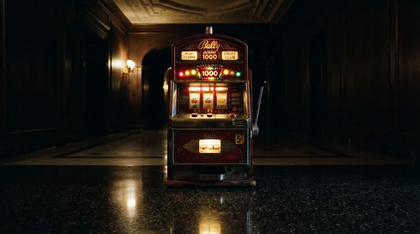 En gammal spelautomat lyser i den dunkla hallen och speglar sig i golvet — svenska casinon med siru