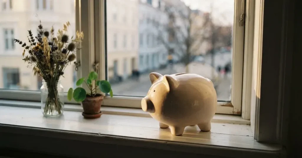 En porslinsgris på fönsterbrädan i morgonljus, bredvid en torkad blombukett och en grön växt — svenska casinon med siru