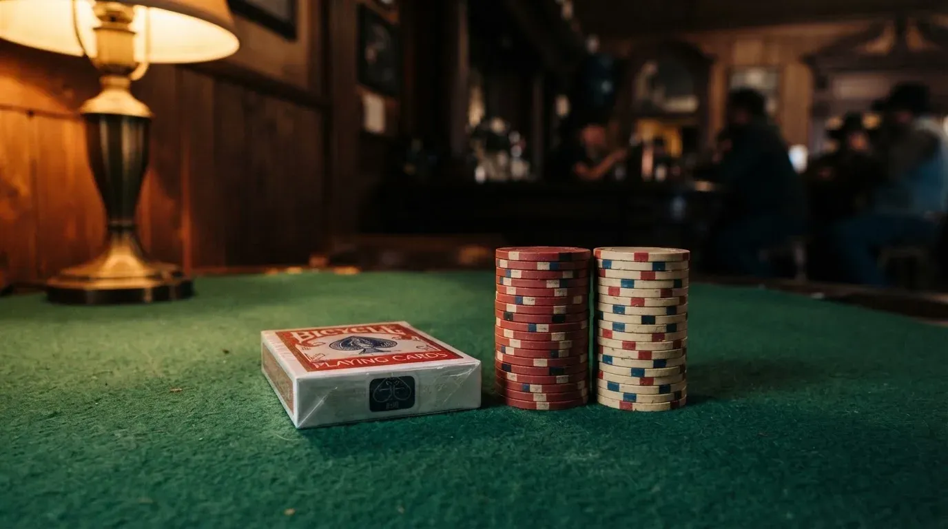 Kortlek och staplar av spelmarker på ett grönt filtbord i en dunkel salong, varmt lampsken — svenska casinon med skrill