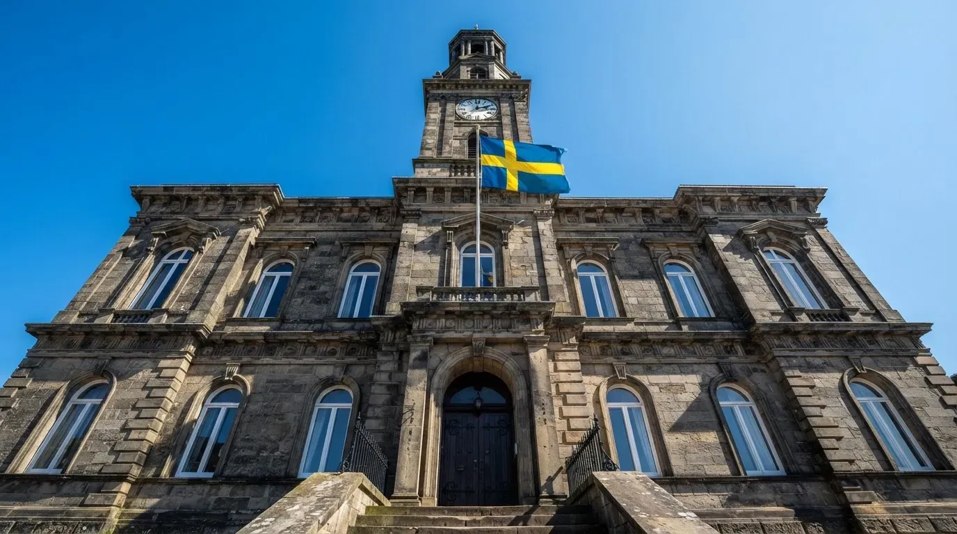 Ett gammalt stadshus i sten fotograferat underifrån mot en klarblå himmel, med den svenska flaggan som fladdrar ovanför entrén.