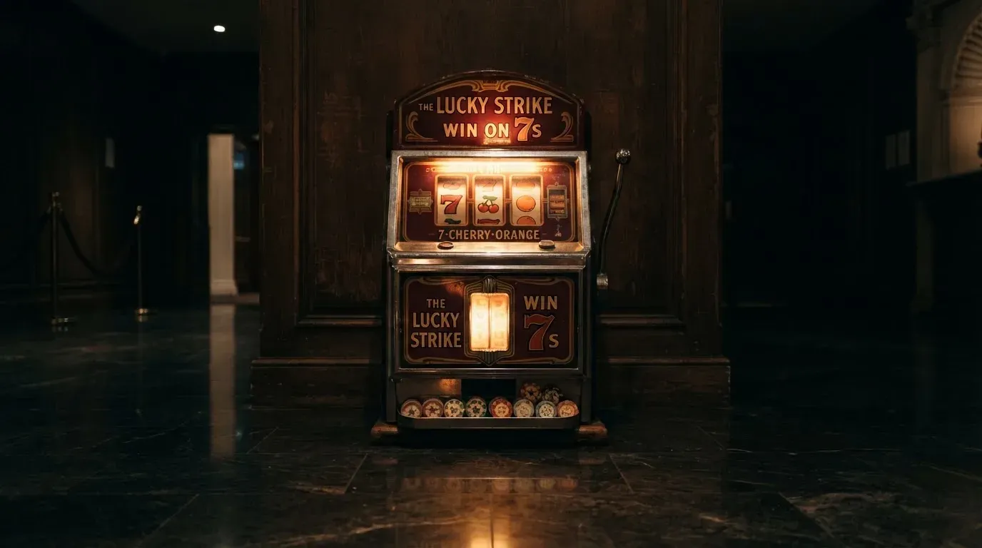 En gammal spelautomat lyser i den dunkla hallen och speglar sig i golvet — svenska casinon med tron