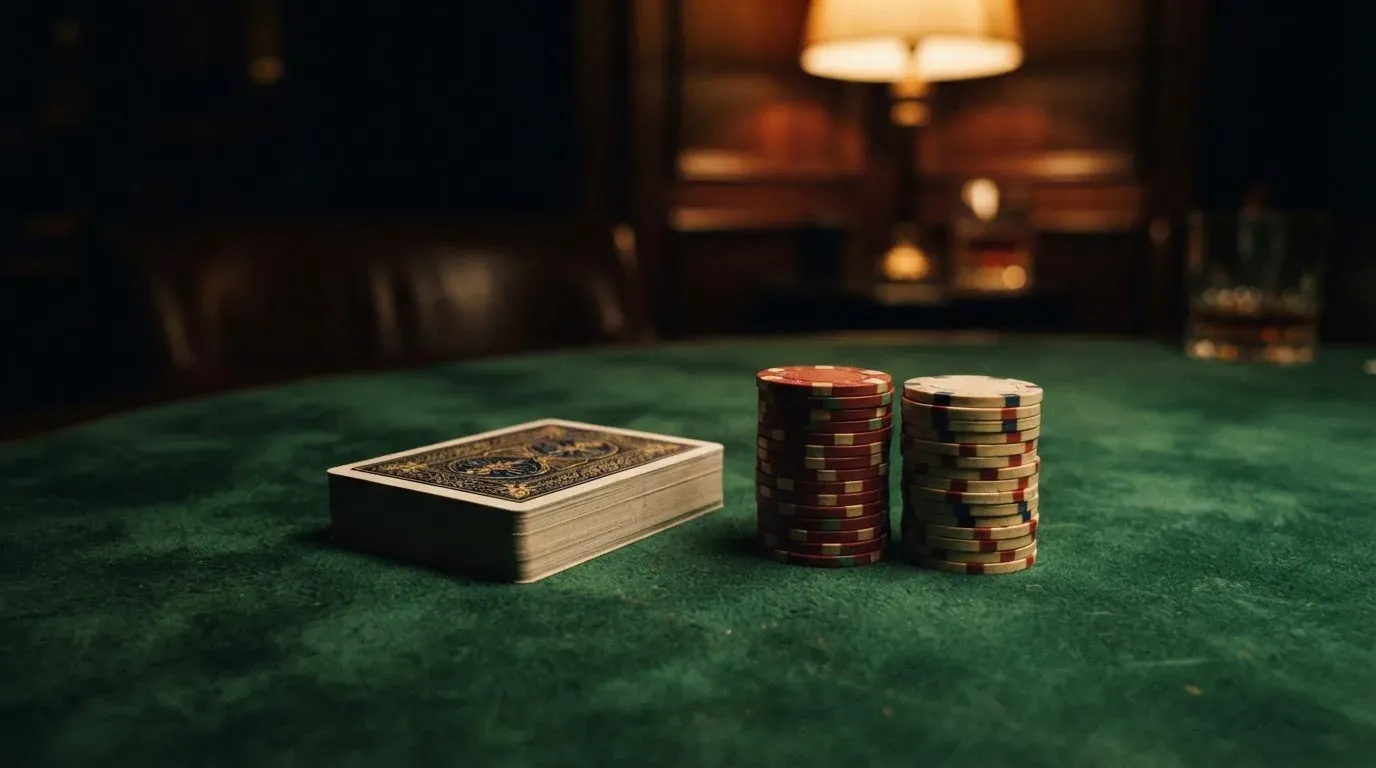 Kortlek och staplar av spelmarker på ett grönt filtbord i en dunkel salong, varmt lampsken — svenska casinon med zimpler