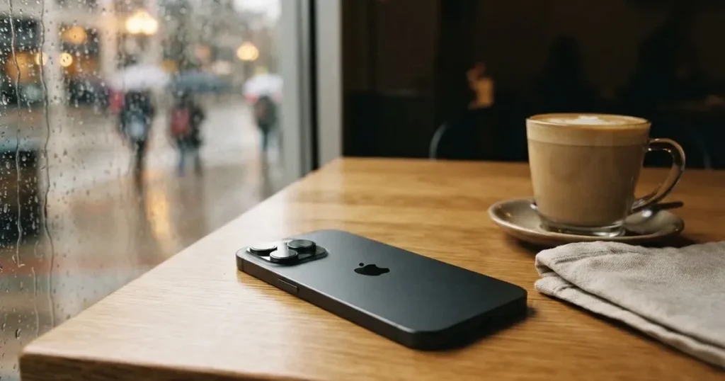 En mobil med framsidan nedåt på ett kafébord, bredvid en latte och regn mot rutan — svenska casinon på android