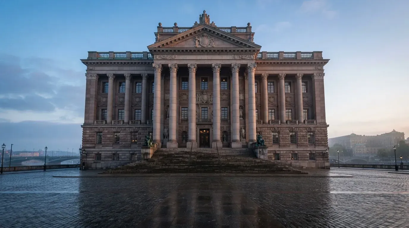 Stenfasad på en statlig byggnad i Stockholm vid gryning, höga pelare och ett tomt torg framför — svenska casinon på android
