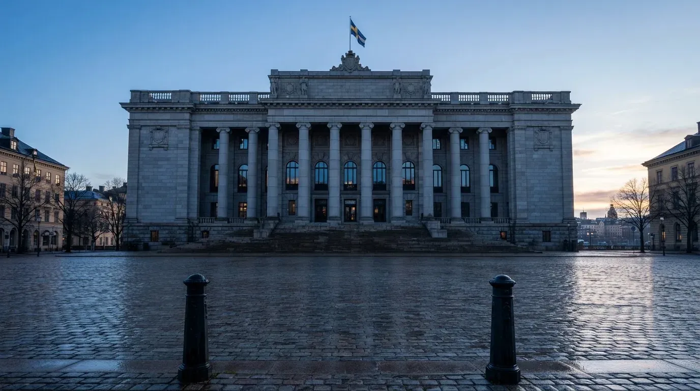 Stenfasad på en statlig byggnad i Stockholm vid gryning, höga pelare och ett tomt torg framför — svenska casinon på ios