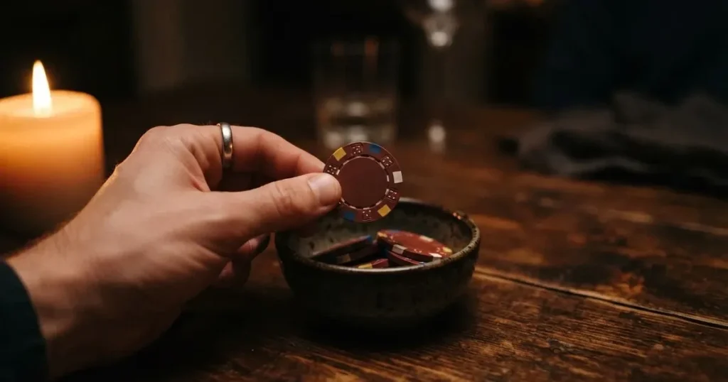 En hand lyfter en spelmark ur en skål, ljuslågan färgar bordet gyllenbrunt — svenska casinon på nätet