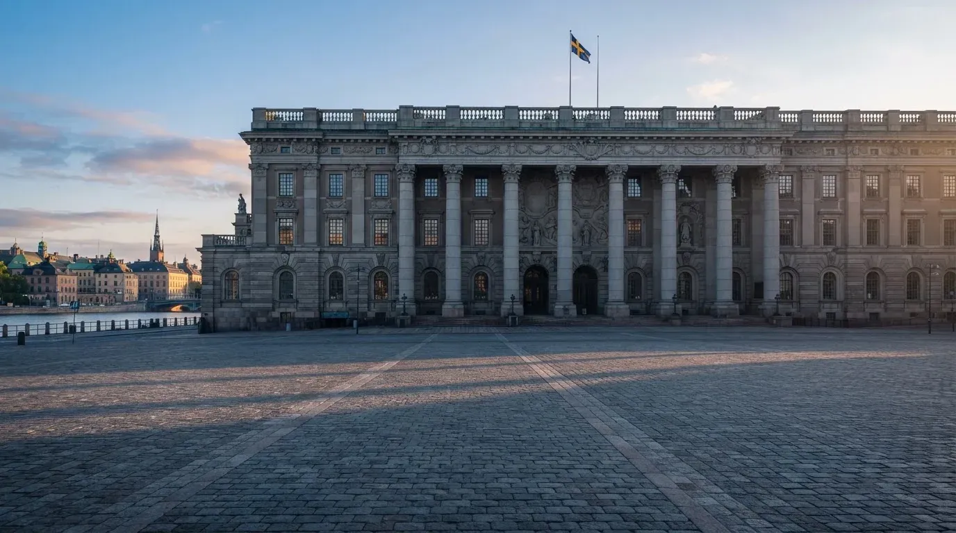 Stenfasad på en statlig byggnad i Stockholm vid gryning, höga pelare och ett tomt torg framför — svenska casinon på nätet