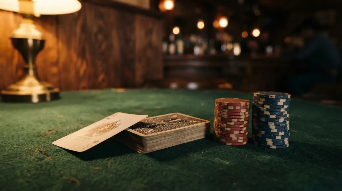 Kortlek och staplar av spelmarker på ett grönt filtbord i en dunkel salong, varmt lampsken — svenska casinon utan konto