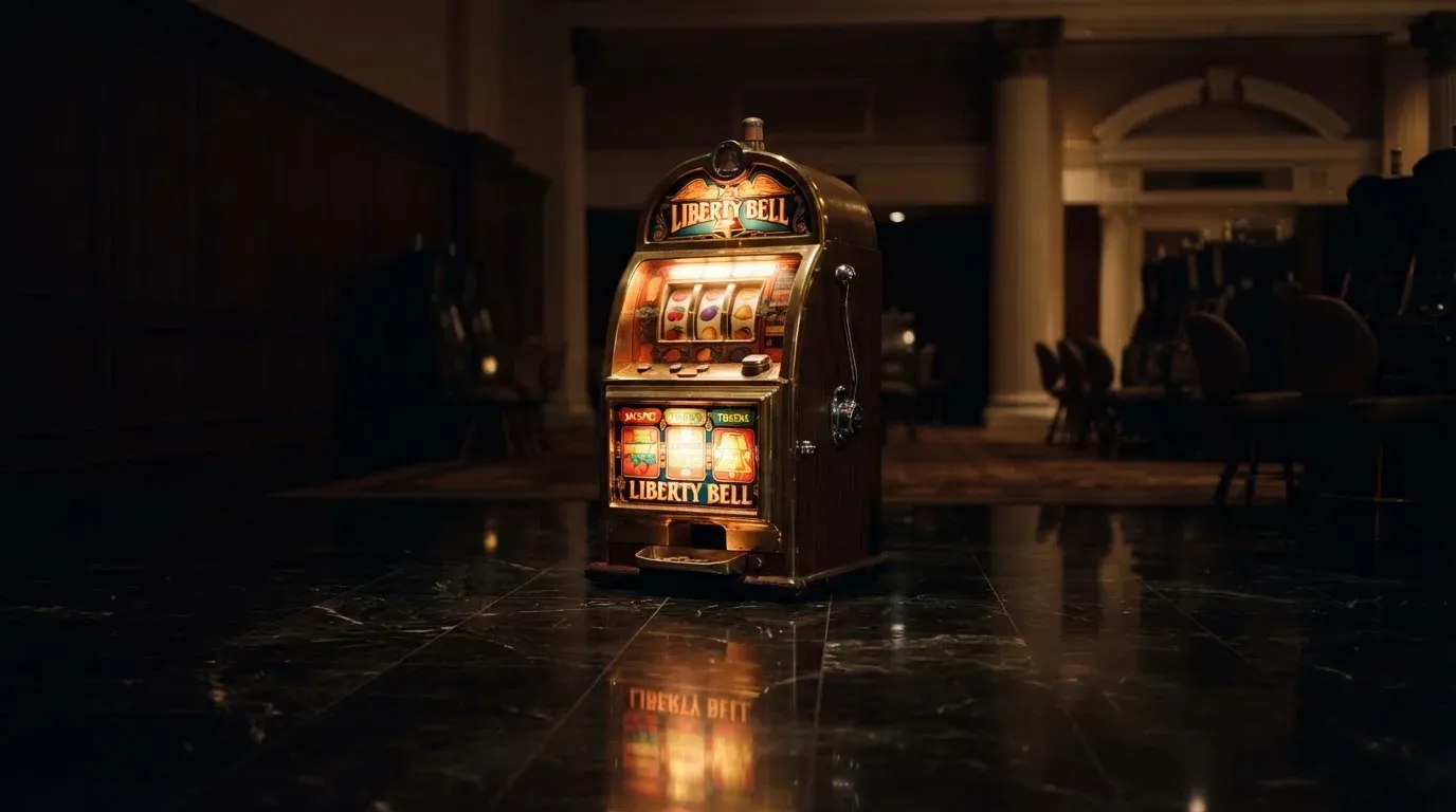 En gammal spelautomat lyser i den dunkla hallen och speglar sig i golvet — svenska casinon utan registrering