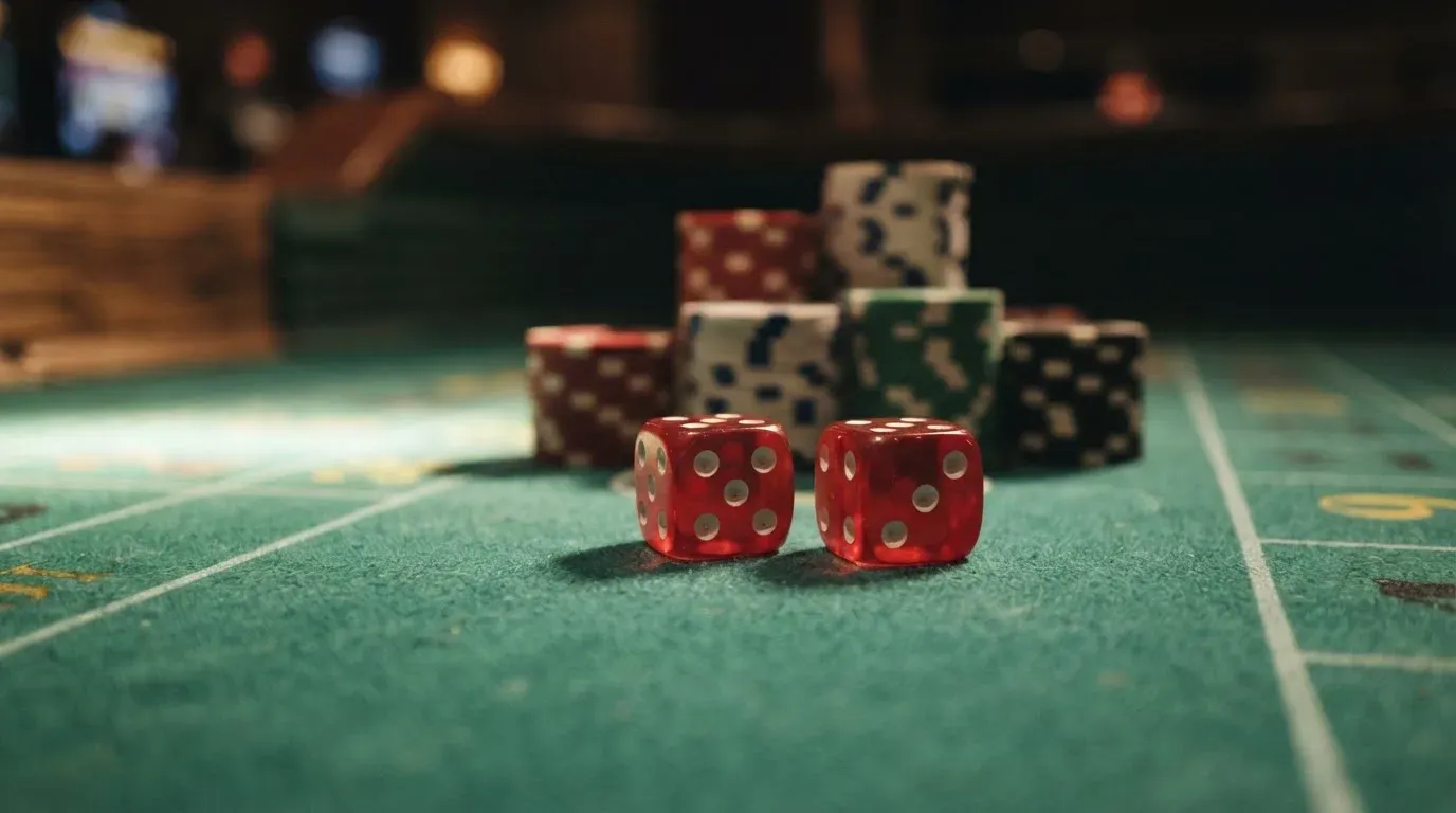 Röda tärningar vilar på grönt filt, bakom dem suddiga torn av spelmarker i kvällsdunklet — svenska casinon utan spelpaus