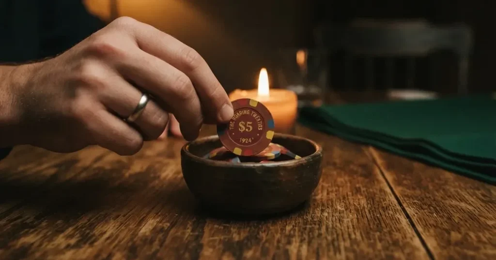 En hand lyfter en spelmark ur en skål, ljuslågan färgar bordet gyllenbrunt — svenska casinosajter