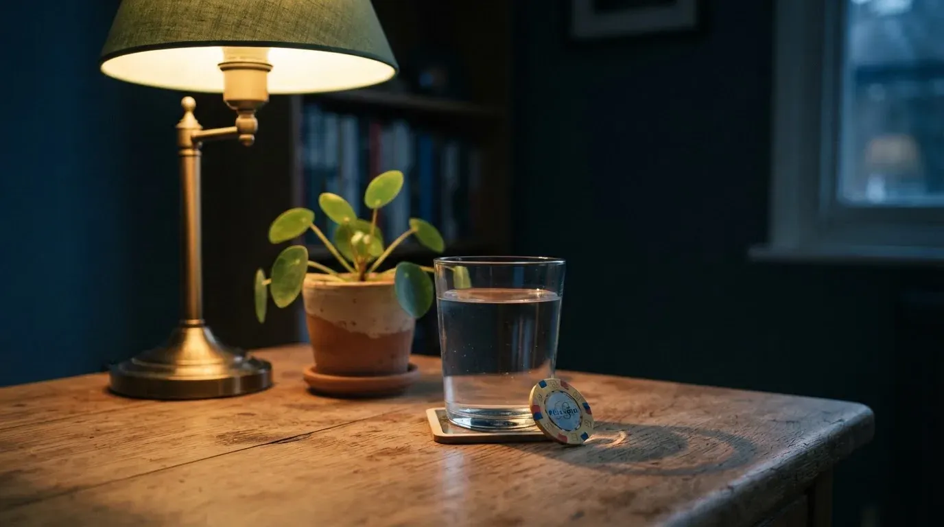 En skrivbordslampa lyser upp ett vattenglas och en kruka, rummet bakom mörknar sakta — svenska casinosidor