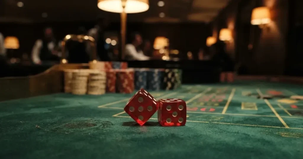 Röda tärningar vilar på grönt filt, bakom dem suddiga torn av spelmarker i kvällsdunklet — svenska internet casinon