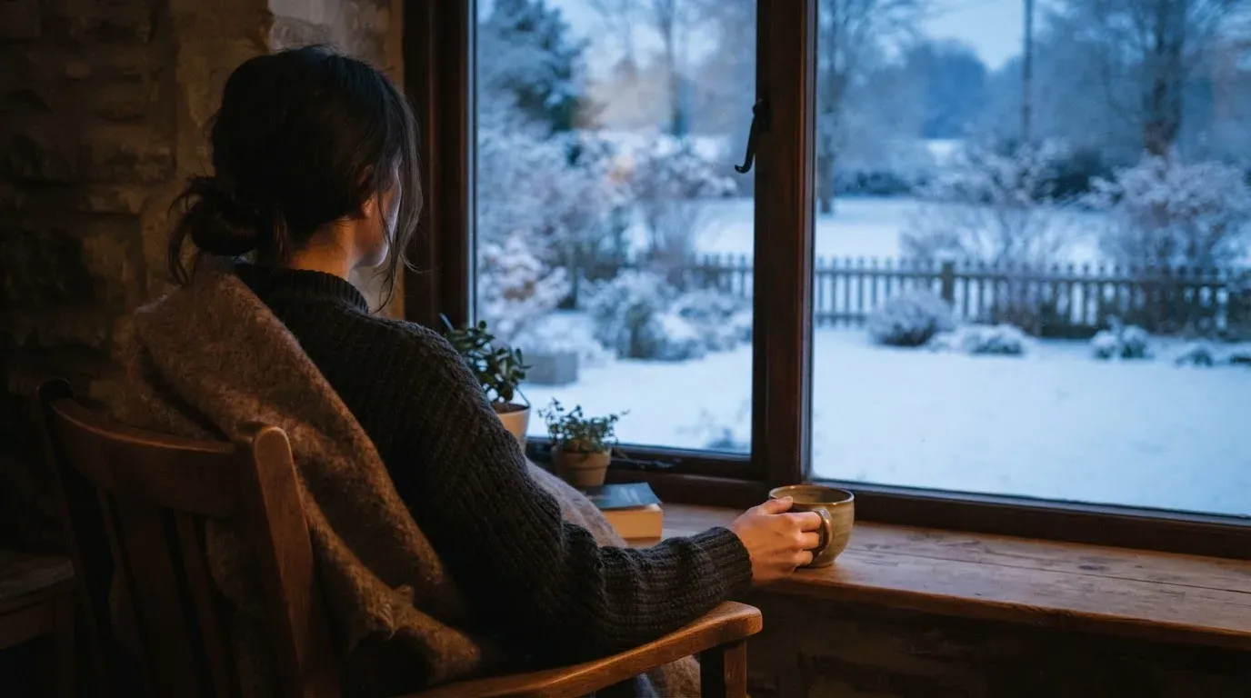 En person sitter ensam vid ett fönster i skymningen och håller en tekopp, med en rofylld vinterträdgård synlig utanför glaset.