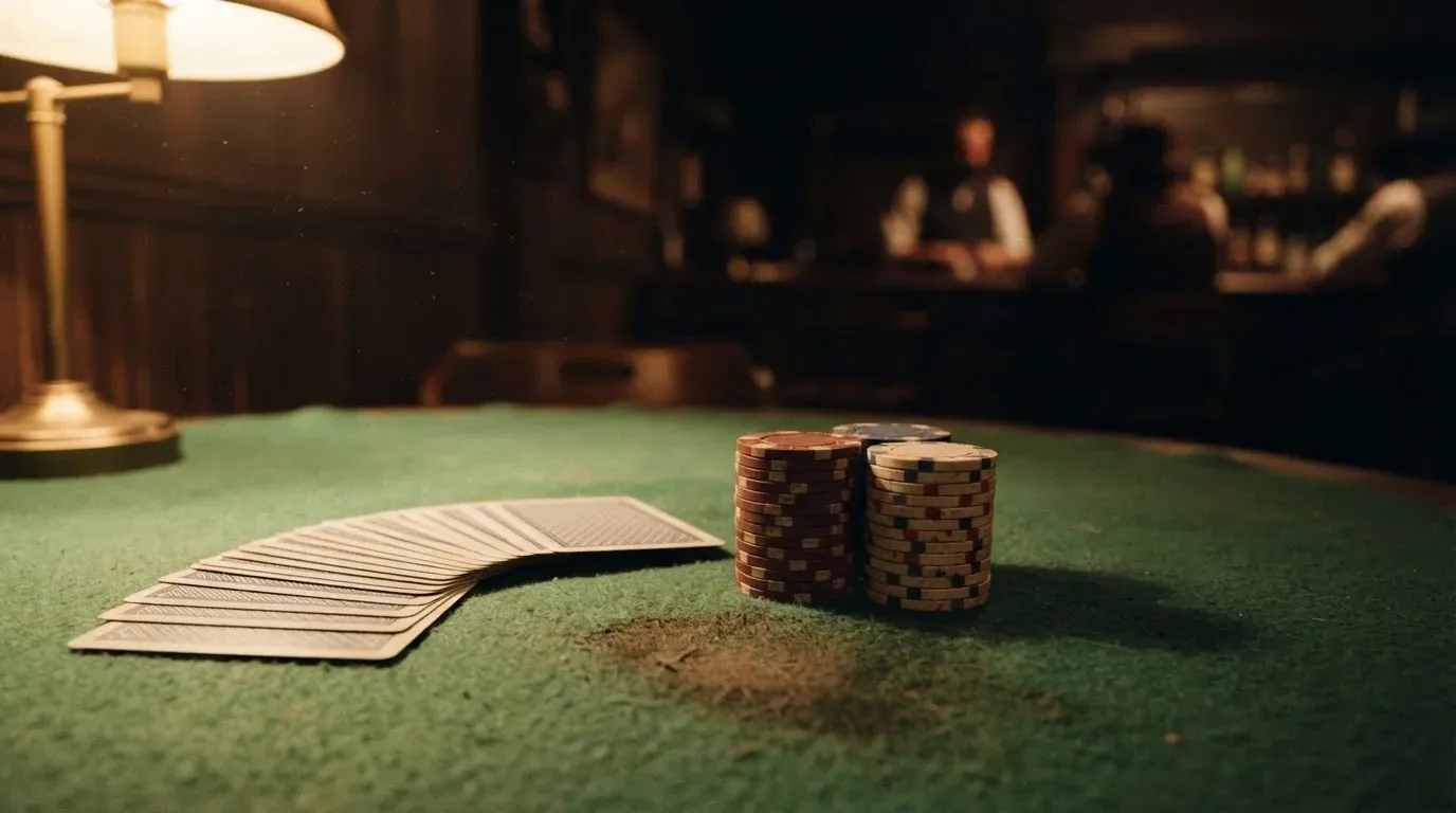 Kortlek och staplar av spelmarker på ett grönt filtbord i en dunkel salong, varmt lampsken — utländska casinon i sverige